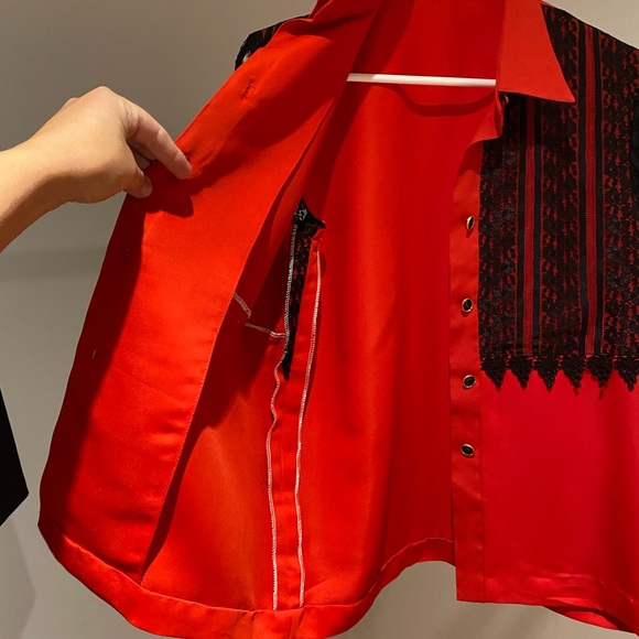 Red & black lace button down, long sleeve blouse. Size medium - Picture 3 of 12